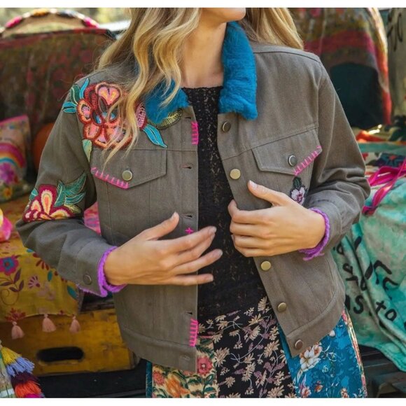 Natural Life Tara Embellished Jacket Floral Boho Hippie Festival Denim Jacket XL - Picture 2 of 16